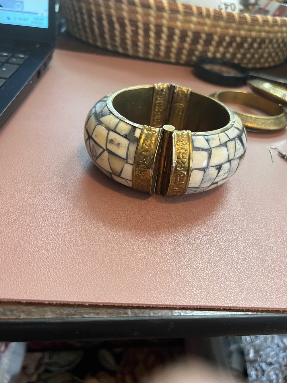 Gold-Tone and Ivory Mosaic Hinged Indian Bangle Bracelet